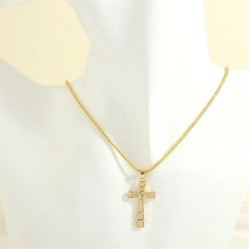 Minimalist Cross Heart Shape Copper 18k Gold Plated Zircon Pendant Necklace In Bulk