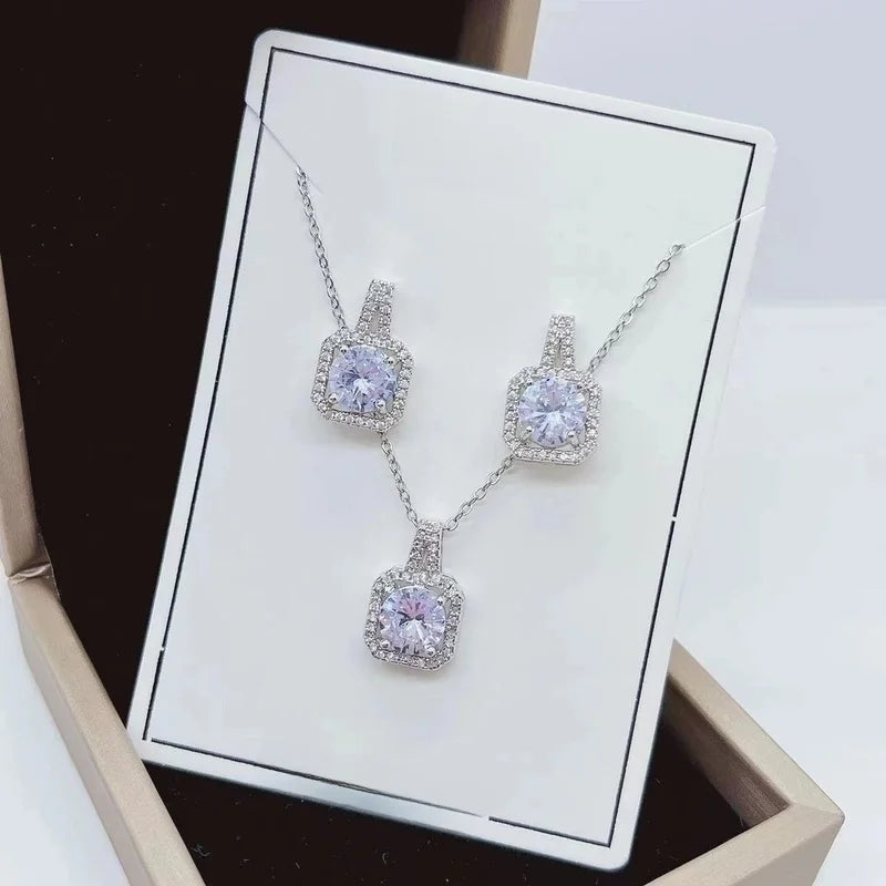 Elegant Square Titanium Steel Inlay Zircon Earrings Necklace