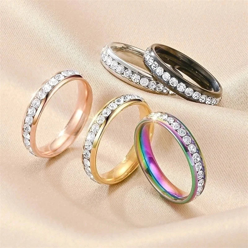 Modern Style Round Titanium Steel Artificial Diamond 18K Gold Plated Inlay Rings