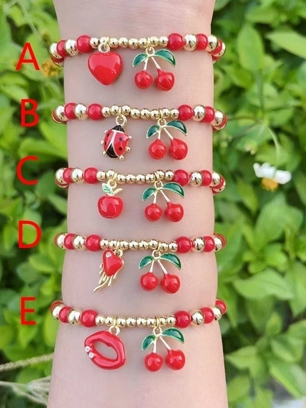 Casual Minimalist Cherry Heart Shape Apple Copper 18K Gold Plated Polishing Enamel Bracelets