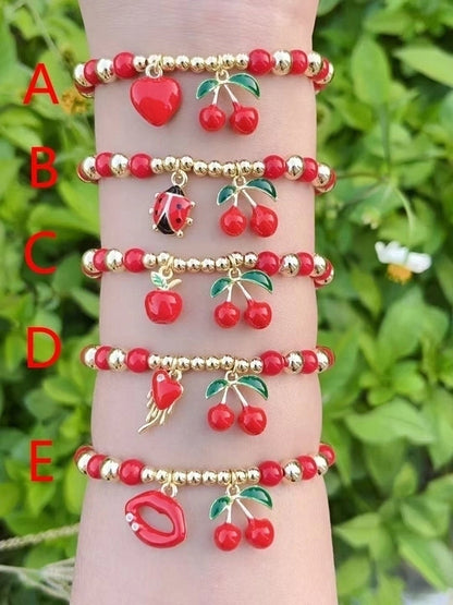 Casual Minimalist Cherry Heart Shape Apple Copper 18K Gold Plated Polishing Enamel Bracelets