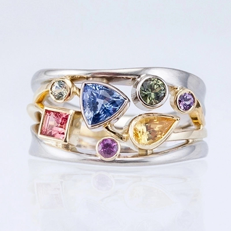 Multicolor Geometric Pattern Ladies Set With Zircon Wave Line Copper Ring
