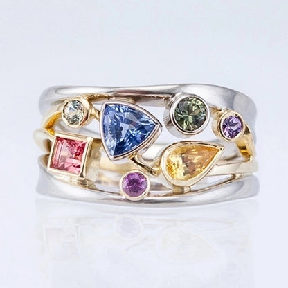 Multicolor Geometric Pattern Ladies Set With Zircon Wave Line Copper Ring