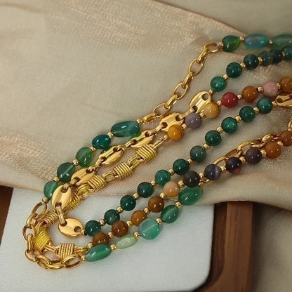 IG Style Punk Color Block Agate Titanium Steel 18K Gold Plated Beaded Patchwork Plating Necklace