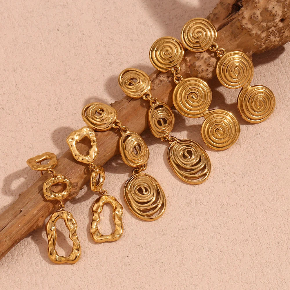 Fashion Round Stripe Geometric Stainless Steel 18K Gold Plated Drop Earrings