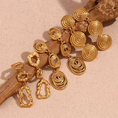 Fashion Round Stripe Geometric Stainless Steel 18K Gold Plated Drop Earrings