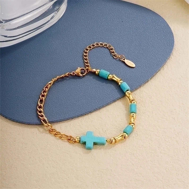 Vintage Style Ethnic Style Geometric 304 Stainless Steel Turquoise K Gold Plated Bracelets In Bulk