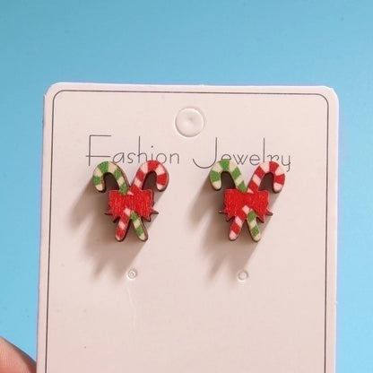 1 Set Cute Minimalist Christmas Tree Santa Claus Sock Printing Wood Ear Studs