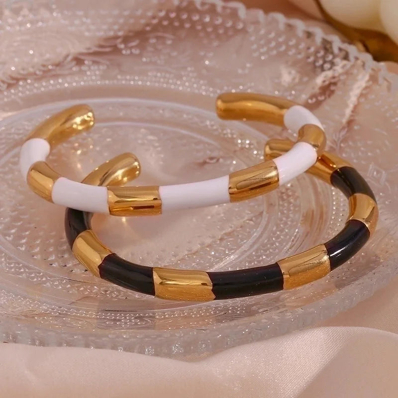 Minimalist Classic Style C Shape Color Block 304 Stainless Steel 18K Gold Plated Cuff Bracelets In Bulk