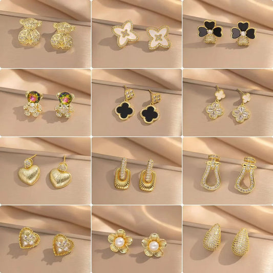 2 Pieces Moderate Luxury Flower Copper Diamond Inlay Stud Earrings