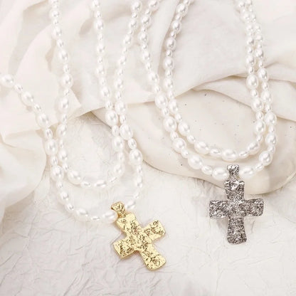 Elegant Glam Streetwear Cross Imitation Pearl Alloy Double Layer Necklaces