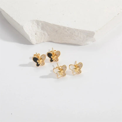 1 Pair Elegant Minimalist Commute Eye Butterfly Enamel Inlay Copper Zircon 14K Gold Plated Ear Studs