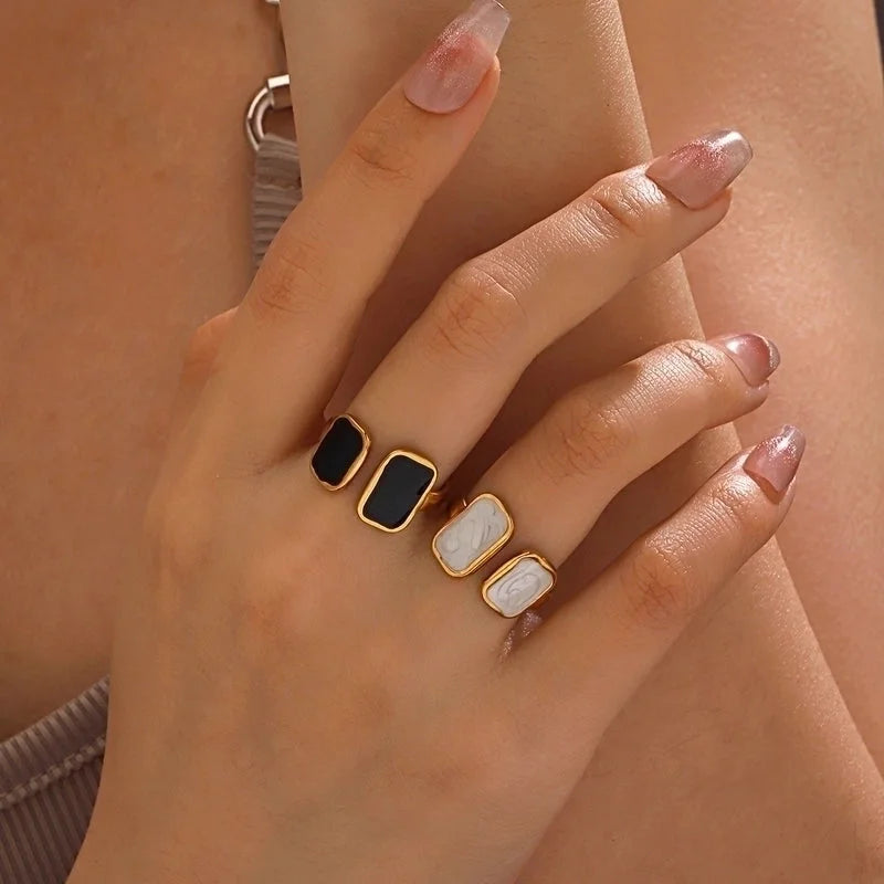 304 Stainless Steel 18K Gold Plated Minimalist Enamel Round Square Open Rings