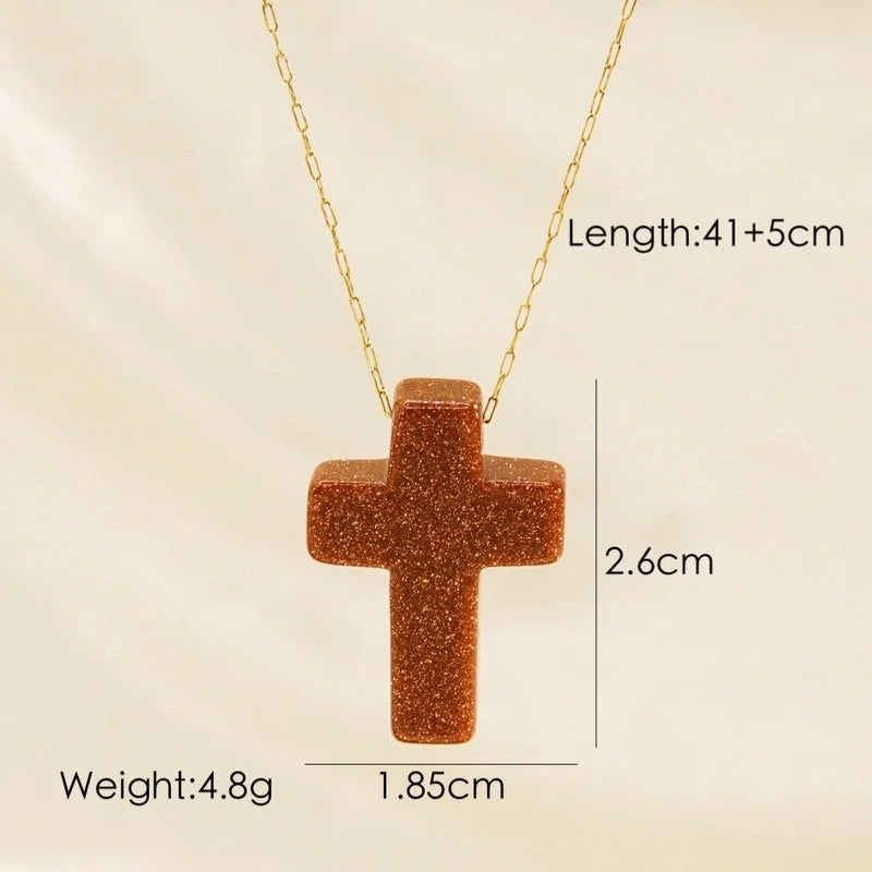 Minimalist Geometric Cross Natural Stone Titanium Steel Pendant Necklace In Bulk