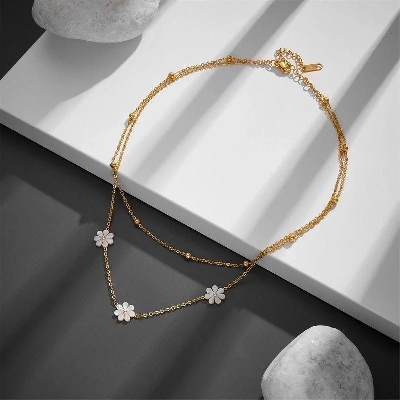 Titanium Steel 18K Gold Plated Sweet Pastoral Plating Flower Acrylic Layered Necklaces