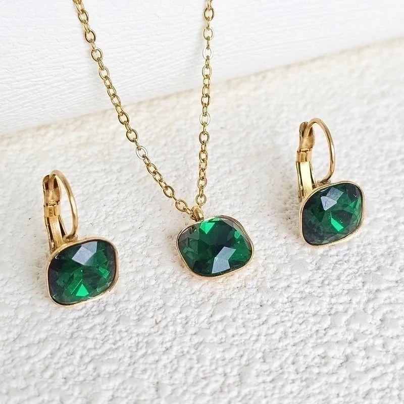 304 Stainless Steel Gold Plated Minimalist Shiny Inlay Square Zircon Jewelry Set