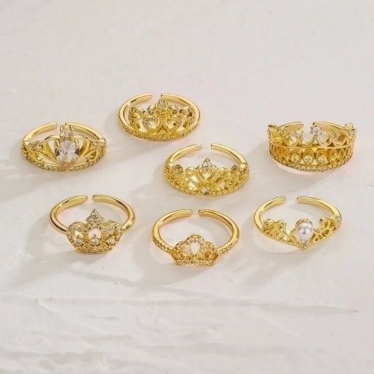 Classic Style Commute Crown Copper 18k Gold Plated Zircon Open Ring In Bulk