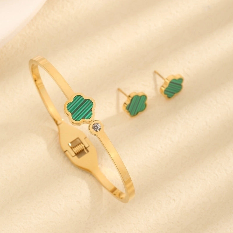 Vintage Style Minimalist Flower 304 Stainless Steel Acrylic Zircon 18K Gold Plated Inlay Jewelry Set
