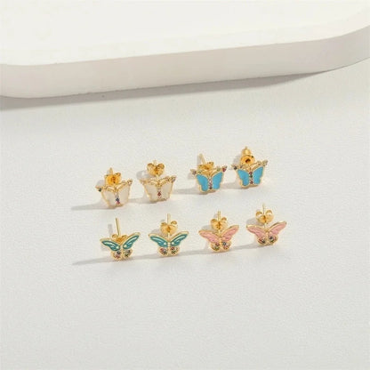 1 Pair Vintage Style Minimalist Commute Butterfly Enamel Inlay Copper Zircon 14K Gold Plated Ear Studs