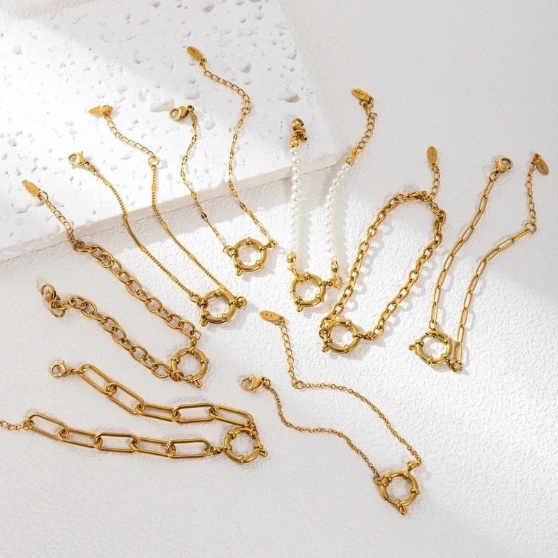 Minimalist Circle 201 Stainless Steel 304 Stainless Steel 18K Gold Plated Zircon Beaded Chain Paperclip Chain Bracelets In Bulk