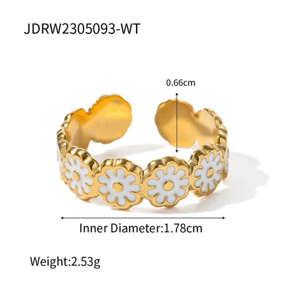304 Stainless Steel 18K Gold Plated Sweet Enamel Plating Flower Rings