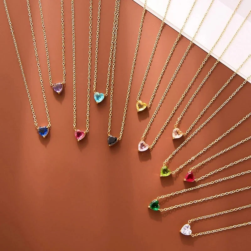 Sweet Minimalist Commute Heart Shape 304 Stainless Steel Rhinestones Birthstone 18K Gold Plated Inlay Necklace