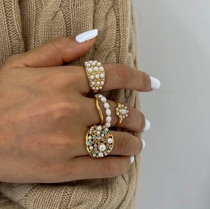 Exaggerated Geometric 304 Stainless Steel Pearl Zircon Gold Plated Plating Inlay Open Rings