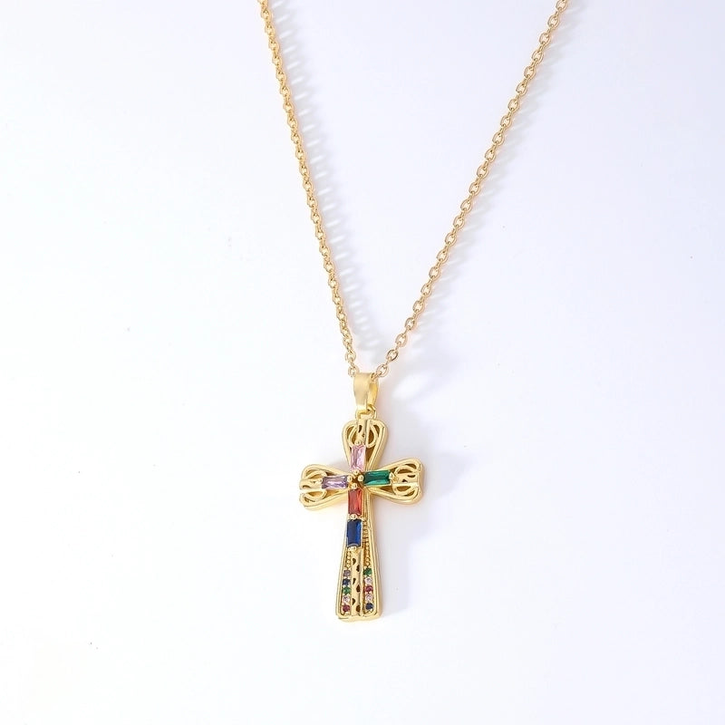 Hip-Hop Retro Cross 304 Stainless Steel Copper Plating Inlay K Gold Plated Zircon Pendant Necklace