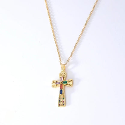 Hip-Hop Retro Cross 304 Stainless Steel Copper Plating Inlay K Gold Plated Zircon Pendant Necklace