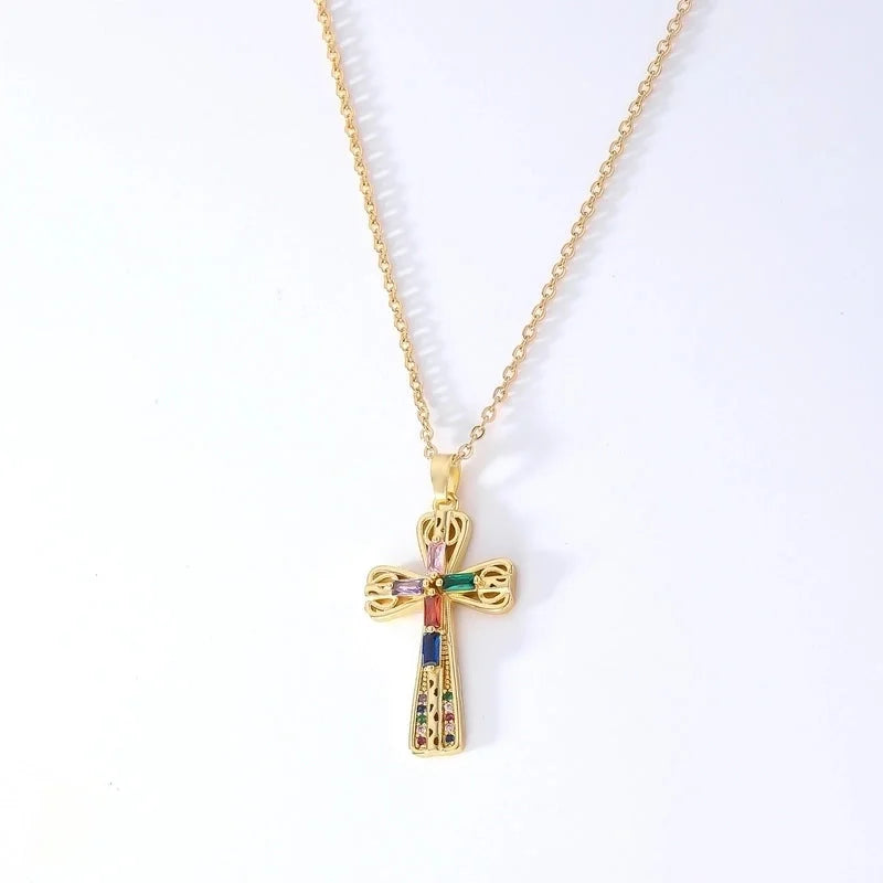 Hip-Hop Retro Cross 304 Stainless Steel Copper Plating Inlay K Gold Plated Zircon Pendant Necklace
