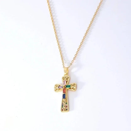 Hip-Hop Retro Cross 304 Stainless Steel Copper Plating Inlay K Gold Plated Zircon Pendant Necklace