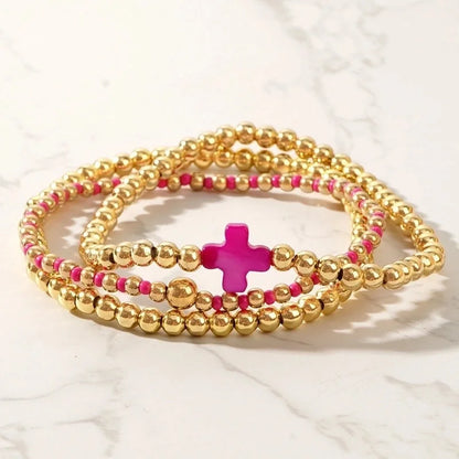 Hot Selling Fashionable Golden Luxury Copper Bead Beaded Gothic Cross Women's Stretch Bracelet 3-Piece Set