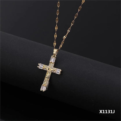 Copper Inlay Cross Zircon Pendant Necklace