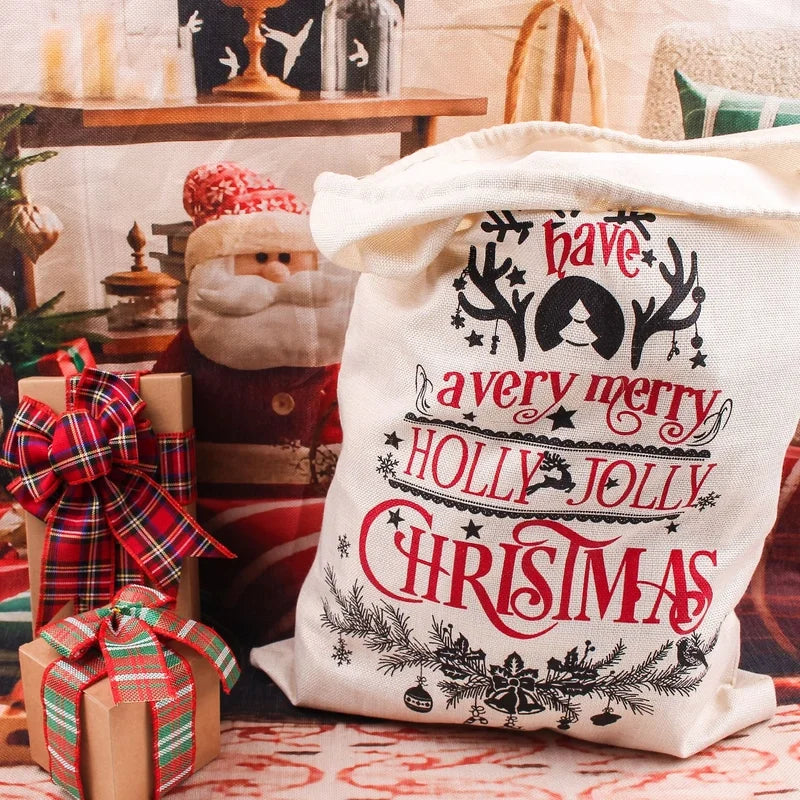 Christmas Gift Bag Christmas Large Printed Drawstring Drawstring Drawstring Bag Imitation Linen Santa Claus Backpack Gift Bag
