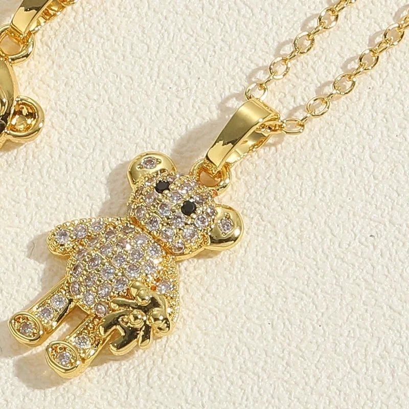 Vintage Style Minimalist Little Bear Stainless Steel Copper 14k Gold Plated Zircon Pendant Necklace In Bulk