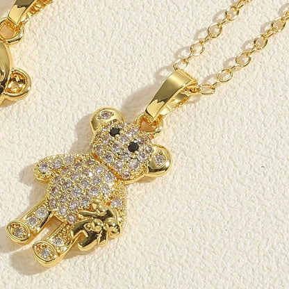 Vintage Style Minimalist Little Bear Stainless Steel Copper 14k Gold Plated Zircon Pendant Necklace In Bulk