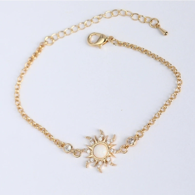Copper Gold Plated Casual Minimalist Inlay Sun Artificial Opal Zircon Rings Earrings Necklace