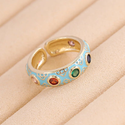 Women Retro Vintage Metal Flower Copper Oil Dripping Rings