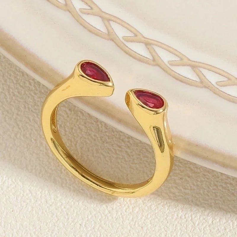 Elegant Minimalist Water Droplets Copper Plating Inlay Zircon 14k Gold Plated Open Rings