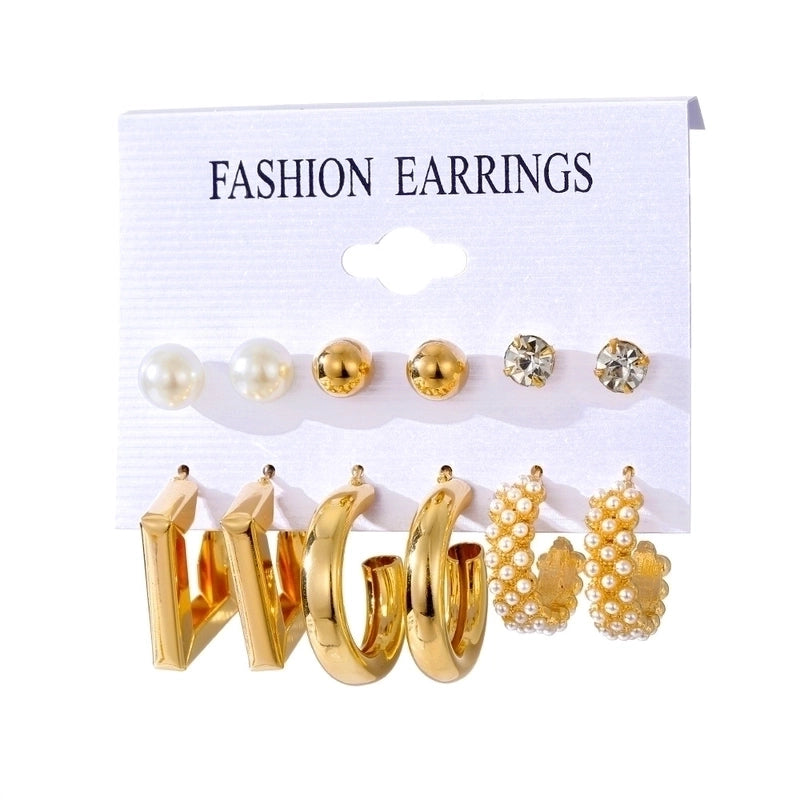 Retro Round Alloy Plating Artificial Pearls Women\'s Earrings Ear Studs 6-piece Set