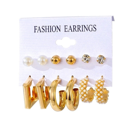Retro Round Alloy Plating Artificial Pearls Women\'s Earrings Ear Studs 6-piece Set