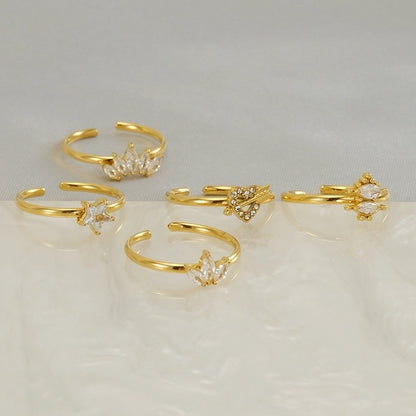Casual Minimalist Leaves Heart Shape Crown 304 Stainless Steel Zircon 18K Gold Plated Inlay Open Rings