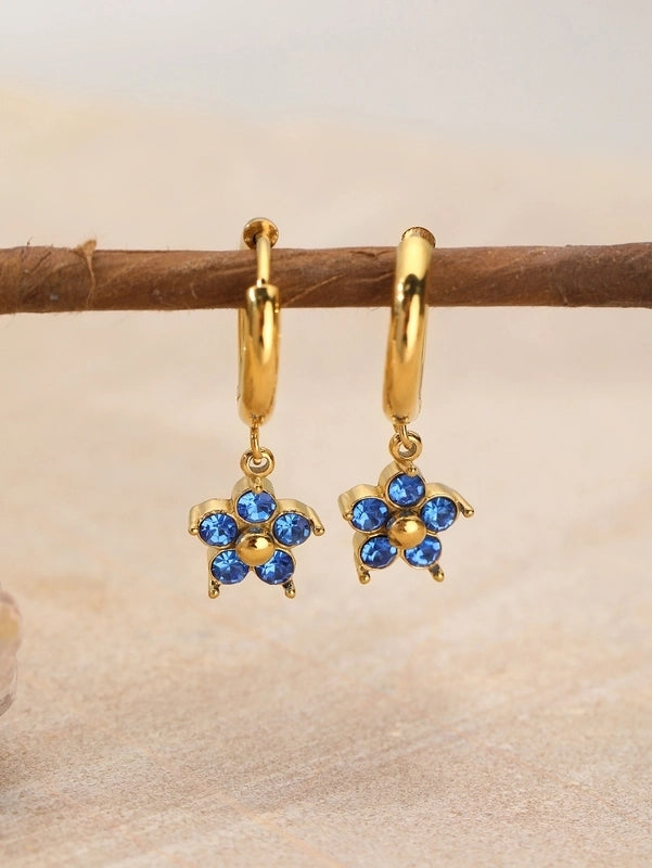 1 Pair Elegant Flower Plating Inlay 304 Stainless Steel Rhinestones 18K Gold Plated Drop Earrings