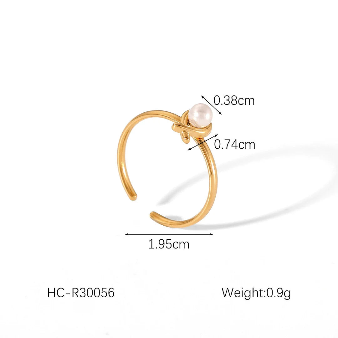 Open Ring IG Style Textured Pearl Bowknot Geometric Stainless Steel Zircon Inlay Rings