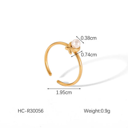 Open Ring IG Style Textured Pearl Bowknot Geometric Stainless Steel Zircon Inlay Rings