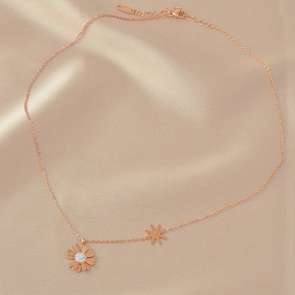 Sweet Minimalist Round Chinese Character Flower Titanium Steel Inlay Rhinestones Shell Pendant Necklace