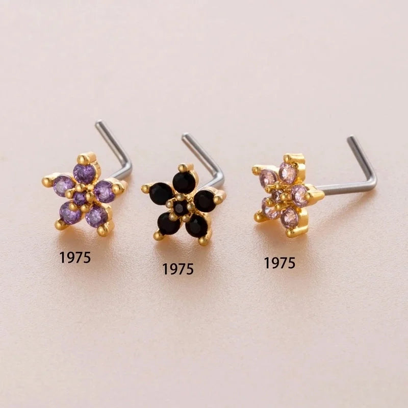 1 Piece Nose Rings & Studs Casual Sweet Korean Style Flower 316L Stainless Steel Copper Inlay Zircon Nose Rings & Studs