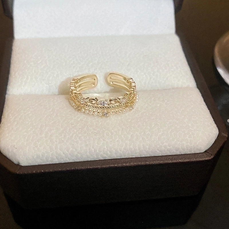 Sweet Flower Metal Plating Inlay Pearl Zircon Gold Plated Women\'s Open Ring