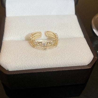 Sweet Flower Metal Plating Inlay Pearl Zircon Gold Plated Women\'s Open Ring