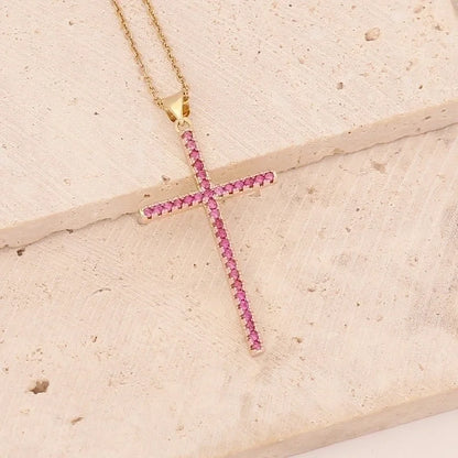 Stainless Steel Copper 18K Gold Plated Fashion Inlay Cross Zircon Pendant Necklace